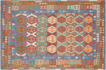 Flat Weave Kilim, Antique, Navaho, Vintage, Handmade, Geometric Kilim Red Blue Hand-Woven Rectangle 100% Wool Area Rug 7 x 10